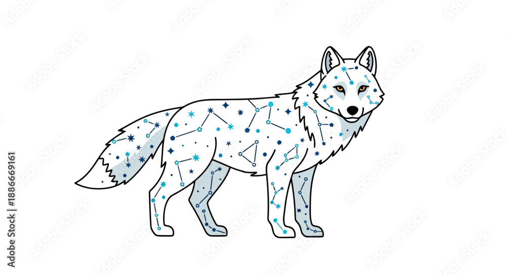 Fototapeta premium Mystical celestial wolf with star and constellation patterns on its fur.