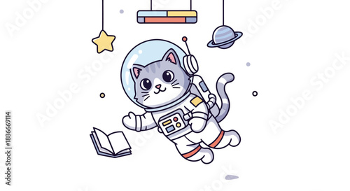 Cute cartoon cat astronaut floating in a spacesuit with a helmet.