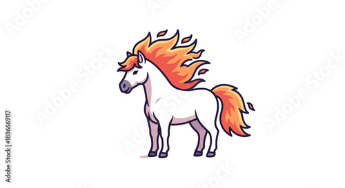Adorable white cartoon horse with a vibrant fiery mane and tail.