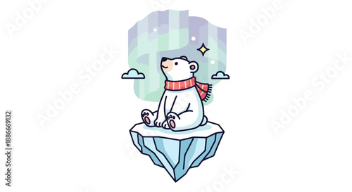 Cute cartoon polar bear wearing a red scarf sitting on an iceberg.