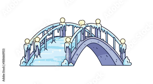 Cartoon style frozen ice bridge with icicles isolated on a white background.
