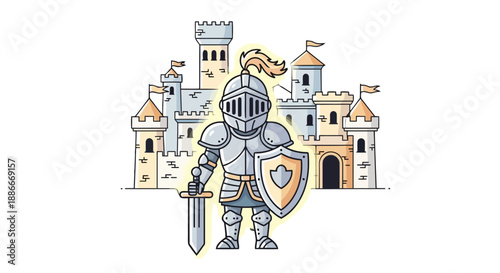 Brave medieval knight character in full metal armor holding a sword and shield.