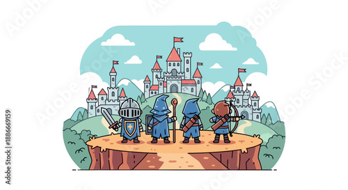 A brave party of four fantasy adventurers on a quest.