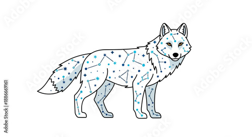 Mystical celestial wolf with star and constellation patterns on its fur.