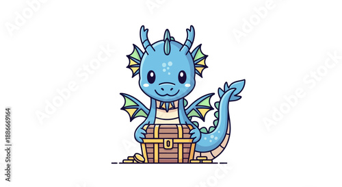 Cute blue baby dragon character holding a wooden treasure chest cartoon illustration.
