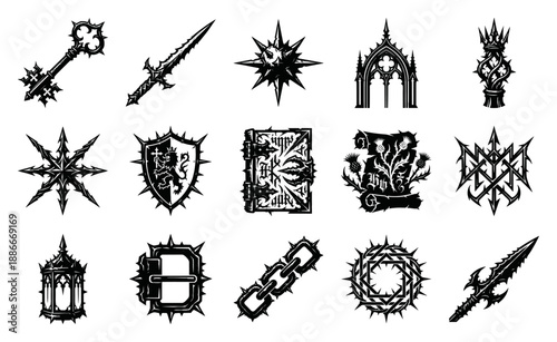 Dark Gothic Woodcut Medieval Fantasy Asset Sheet for Tattoos and Heavy Metal Graphic Design