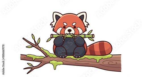Cute cartoon red panda eating bamboo on a mossy tree branch.