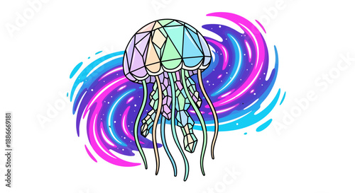 Stylized geometric jellyfish with colorful polygonal patterns on a white background.