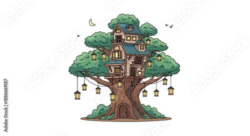 Whimsical cartoon treehouse with multiple levels and glowing lanterns.