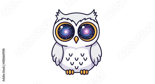 Adorable cartoon white owl with large cosmic galaxy eyes.