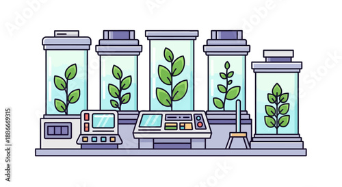 Biotechnology laboratory with plants growing in scientific capsules.