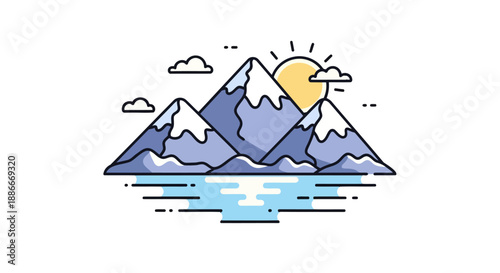 Stylized vector illustration of a mountain range with sun and water reflection.