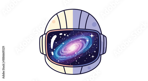 Astronaut helmet with a vibrant galaxy reflection in the visor.