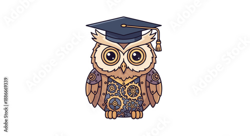 Scholarly steampunk owl wearing a graduation cap illustration.