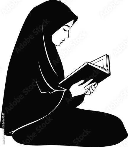 woman reading quran silhouette on white background