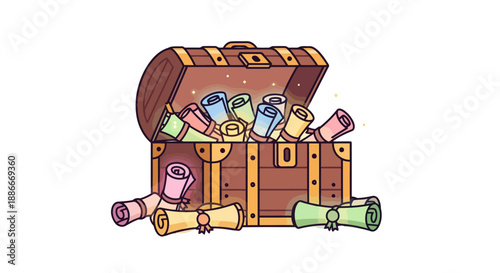 An open wooden treasure chest filled with colorful rolled scrolls and parchments.