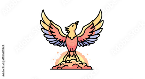 Colorful mythical phoenix bird rising from ashes illustration.