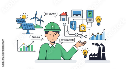 Man in Hard Hat Presenting Renewable Energy.