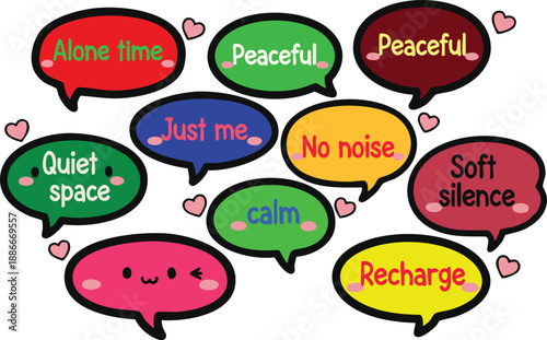 Colorful Introvert Speech Bubbles with Quotes Vector Set. Kawaii Stickers for Quiet Time, Solitude, and Peaceful Silence.