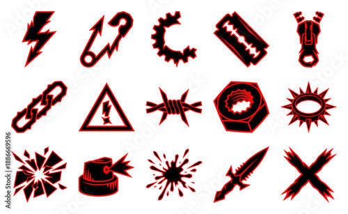 Aggressive Punk Rock Edgy Graphic Element Kit with Distorted Grungy Shapes for Streetwear Aesthetic Designs