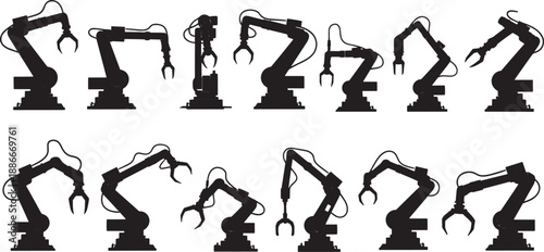 Set of silhouette robotic arms in various poses, symbolizing automation and industrial technology