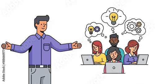 Man presenting to team with laptops.