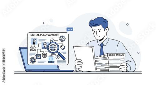 Man reviewing documents and digital policy.