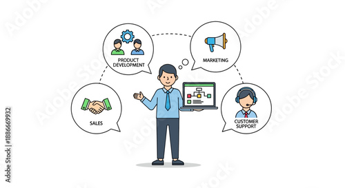 Man with Speech Bubbles and Laptop.