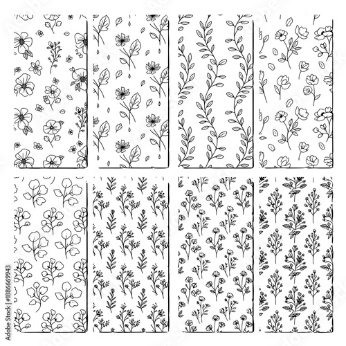 Fabric print vector set of 8 seamless floral patterns in hand drawn line art style