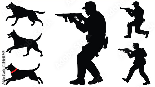 Police Officer and K9 Dog Silhouette Icon Set