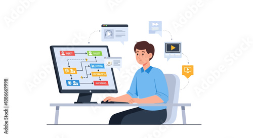 Man working on computer with flowchart.