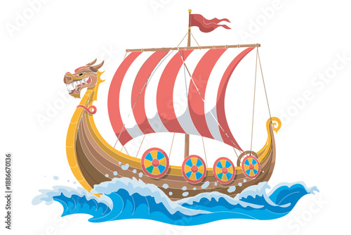 Viking Ship Vector Illustration, Ancient Norse Longship Design, Historical Seafaring Vessel, Isolated Graphic, Scandinavian Maritime Art, Traditional Wooden Boat, Sail and Dragon Head