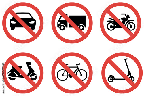 No Vehicle Entry Sign Vector Set Featuring Prohibited Transport Icons.