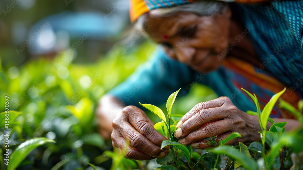 Fototapeta premium Tamil woman in traditional clothing picking fresh tea leaves on plantation, faceless worker, Sri Lanka agriculture, cultural practice, harvest activity, defocused tea garden, , wit