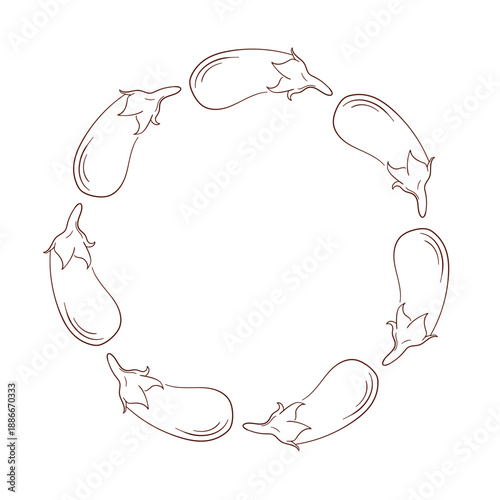 Wreath with eggplant in line art style isolated on a white background. Design for vegetarian cafe card.