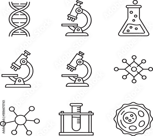A vintage collection of black science and chemistry icons featuring a doodle sketch design of vector symbols and laboratory equipment in an artful silhouette illustration set.