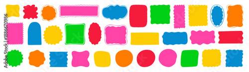 Abstract silhouette colorful shape set with wavy liquid forms and irregular geometric frames. Retro fluid blobs curves, scalloped edges and soft oval shape spots. Minimal abstract elements modern look