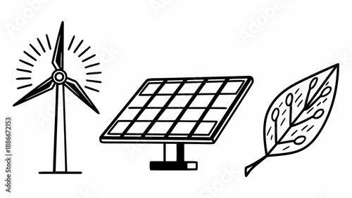 Renewable energy sources including wind turbine, solar panel, and leaf symbolizing eco-friendly practices and sustainable development in a simple illustration
