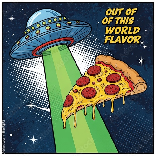 A slice of pepperoni pizza being beamed up by a flying saucer in outer space.