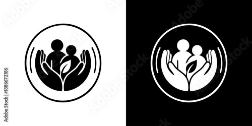Simple black and white icon depicting nurturing hands cradling a growing plant with human figures symbolizing care and protection