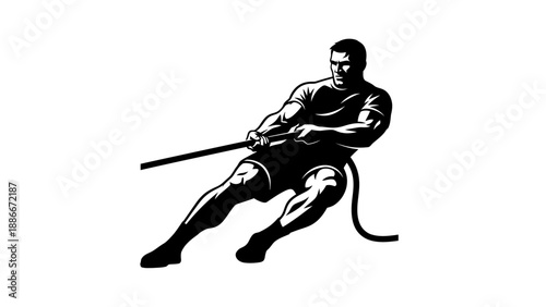 Man Rowing Boat with Oars Vigorously.