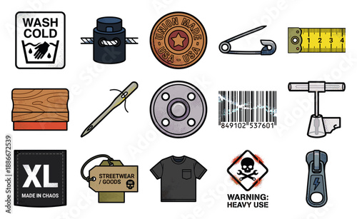 Retro Industrial Apparel Manufacture Elements Graphic Set for Streetwear Brand Identity and Textile Production