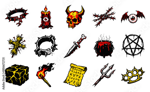Grungy Hand-Drawn Dark Fantasy Occult Element Kit for Underground Graphic Design and Subculture Branding