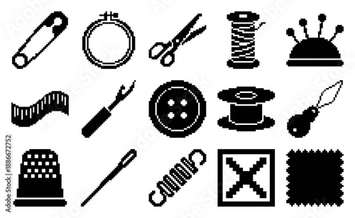 Pixel Art Sewing Tools and Haberdashery Icon Set for Retro Crafting and Digital Embroidery Projects