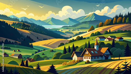 Very beautiful rural landscape of the Black Forest with rolling hills, dense pine trees, open meadows, and a tranquil natural atmosphere representing southern Germany’s countryside.