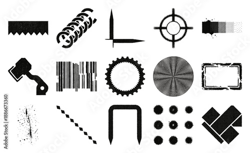 Grungy Halftone Industrial Element Kit with Distressed Mechanical Shapes for Brutalist Graphic Design Assets