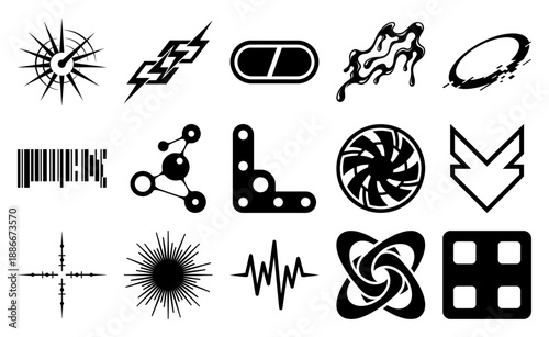 Abstract Y2K Cyberpunk Graphic Element Kit for Futuristic Brand Identity and Streetwear Design