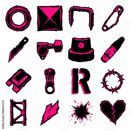 Grungy Punk Rock Aesthetic Icon Element Kit for Underground Music and Alternative Fashion Branding