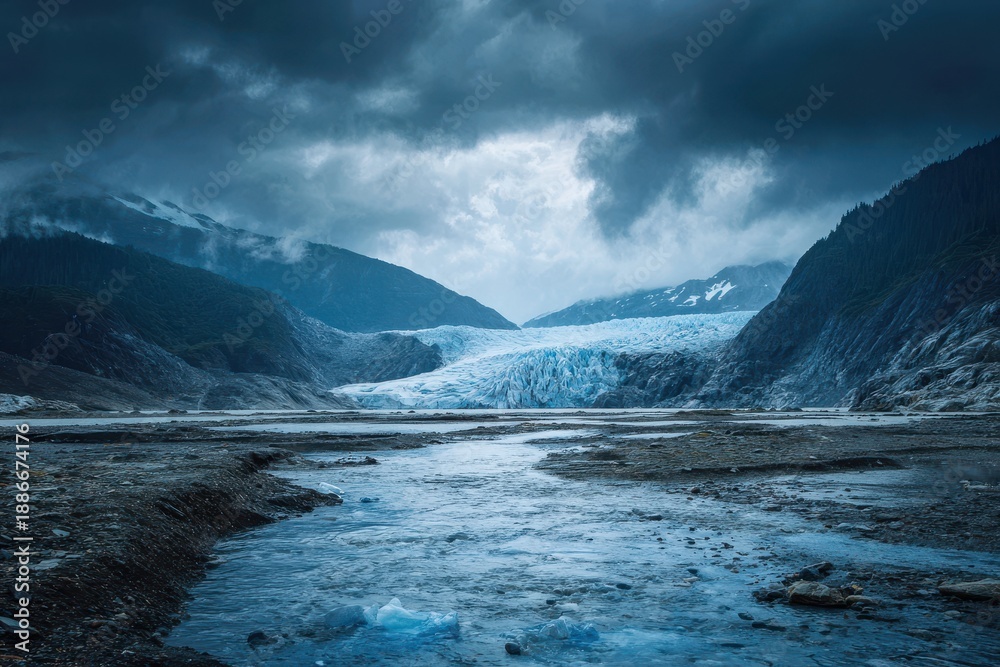 Naklejka premium Mendenhall Glacier with cloudy mountains and glimpses of a blue stream from melting ice symbol of climate change