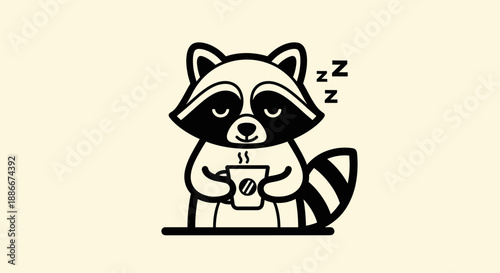 Cartoon raccoon sleeping with coffee cup